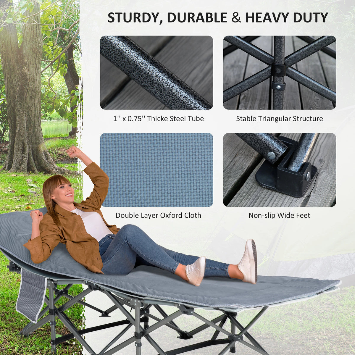 Folding Camping Cot With Mattress, Double Layer Oxford, Heavy Duty, Dark Grey Camping Cots at Gallery Canada