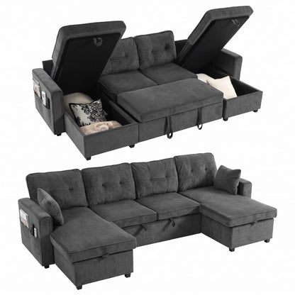 U Shaped Sectional Sofa Bed, 113" Pull Out Sleeper, Dark Grey 3-Seater Sofas at Gallery Canada