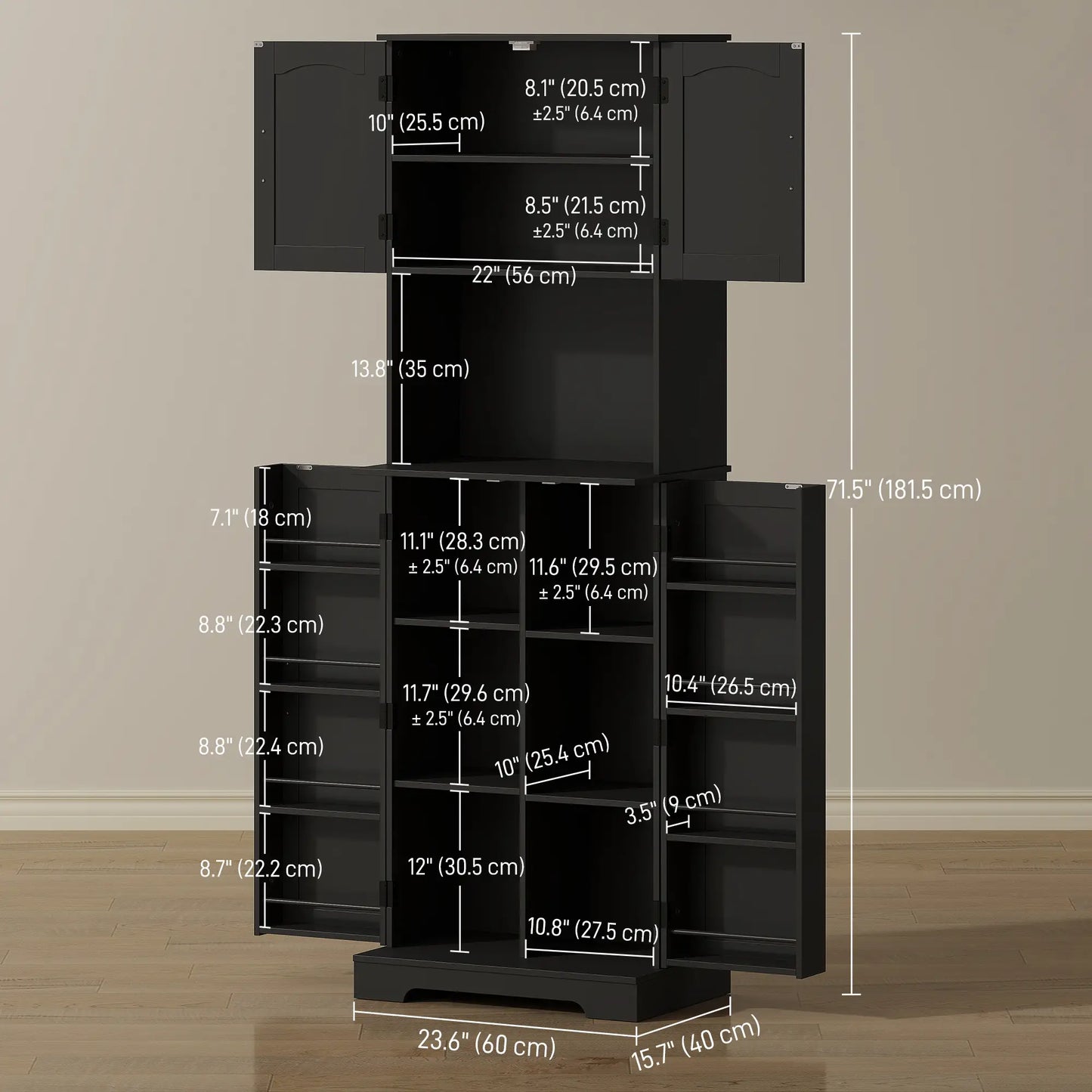 71.5" Tall Pantry Cabinet, Farmhouse Kitchen Storage, Adjustable Shelves, Black Kitchen Pantry Cabinets at Gallery Canada