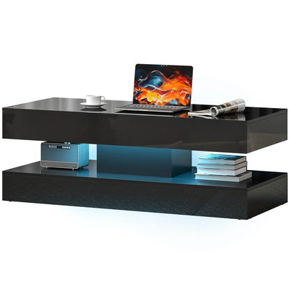 Adjustable LED Coffee Table, Modern Living Room Table, 2 Drawers, Open Shelf, Remote, High Gloss Black Coffee Tables High Gloss Black at Gallery Canada