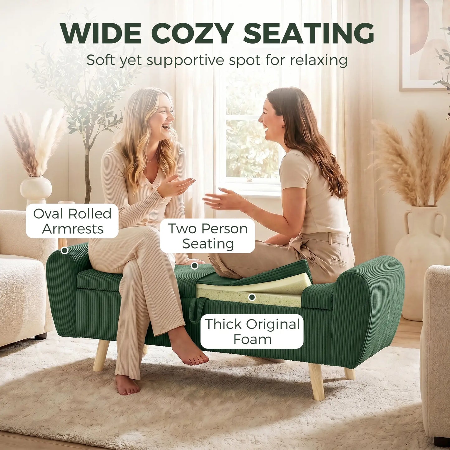 Storage Ottoman, 59" Corduroy Bed Bench, Dark Green Storage Ottomans & Benches at Gallery Canada