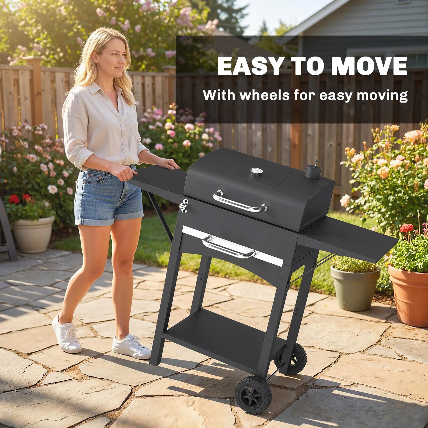 Charcoal Grill With Side Tables, Barbecue Smoker With Thermometer, 43.3"x18.3"x39.8", Black Charcoal BBQ Grils at Gallery Canada