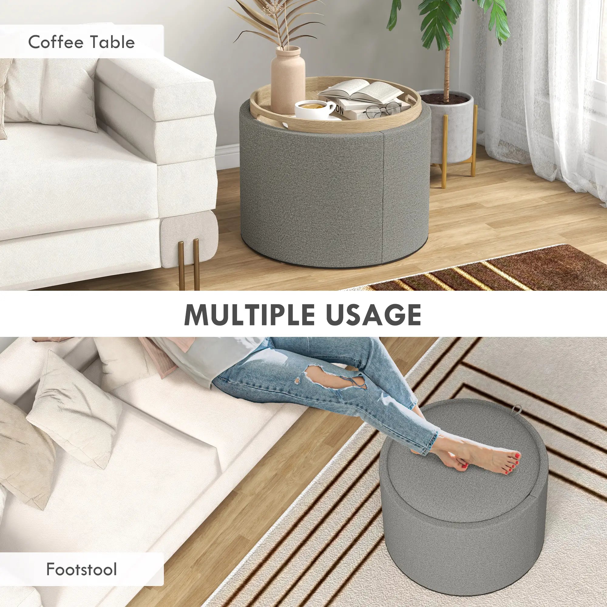 Round Coffee Table, Hidden Storage, Tray Top, Upholstered Footrest, Linen Coffee Tables at Gallery Canada
