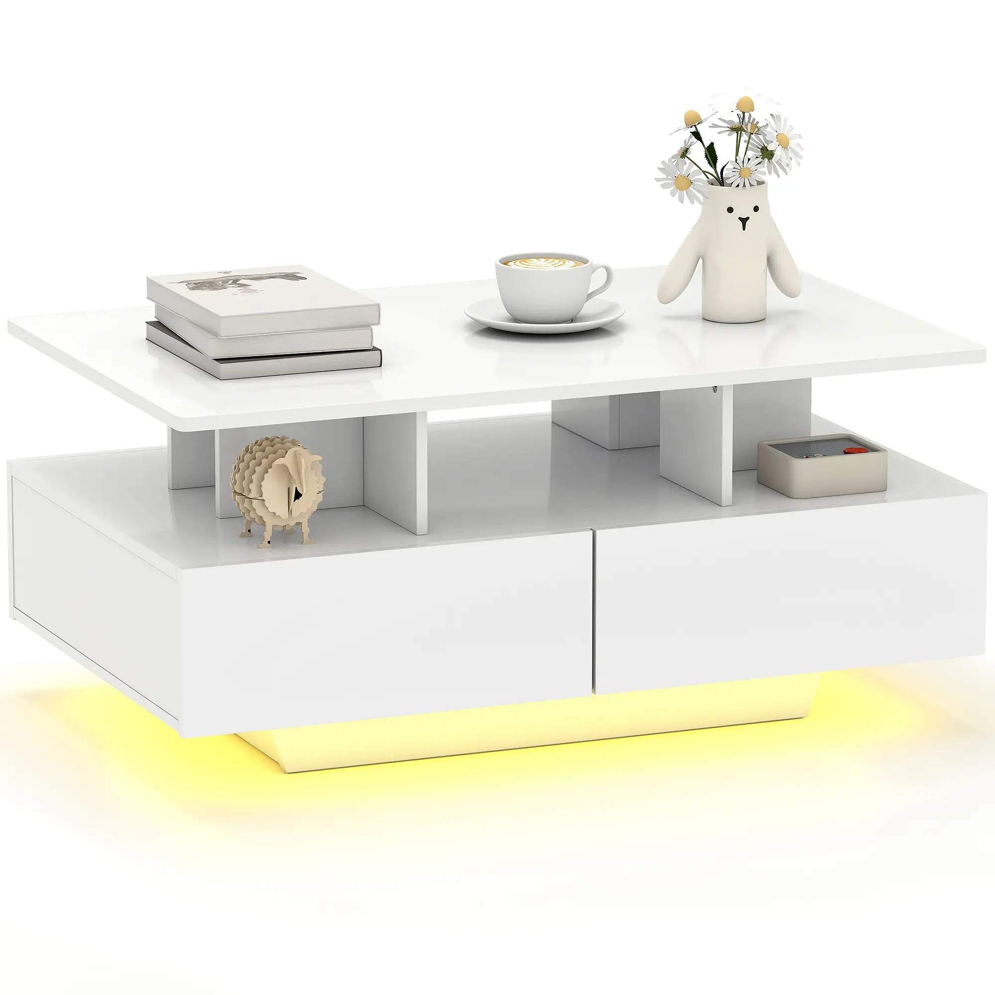 Modern Coffee Table with RGB LED Lights, 4 Drawers, Open Shelf, Remote, High Gloss White, White Coffee Tables at Gallery Canada