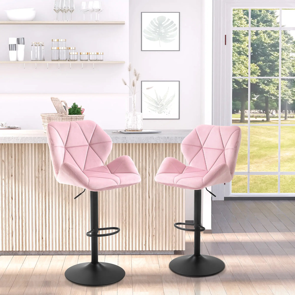 Velvet Bar Stool Set of 2, Adjustable Height, Pink Bar Stools at Gallery Canada