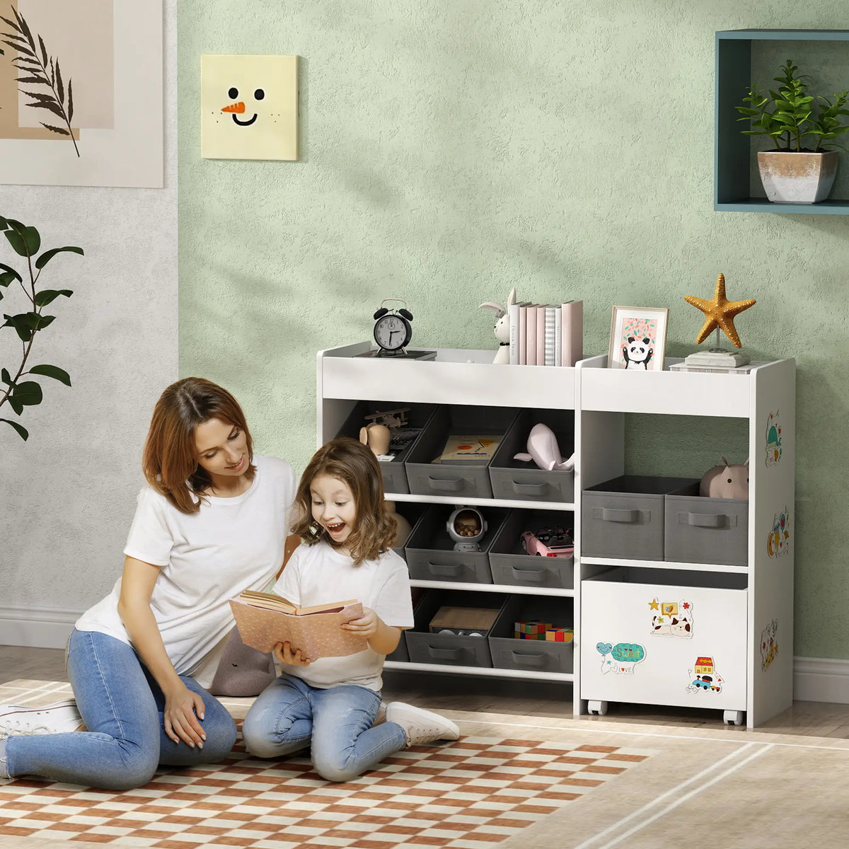 Kids Toy Storage Organizer with 11 Bins, Moveable Cabinet, Top Shelves, 3 Stickers, for Nursery, Playroom, White Bookshelves & Bookcases at Gallery Canada