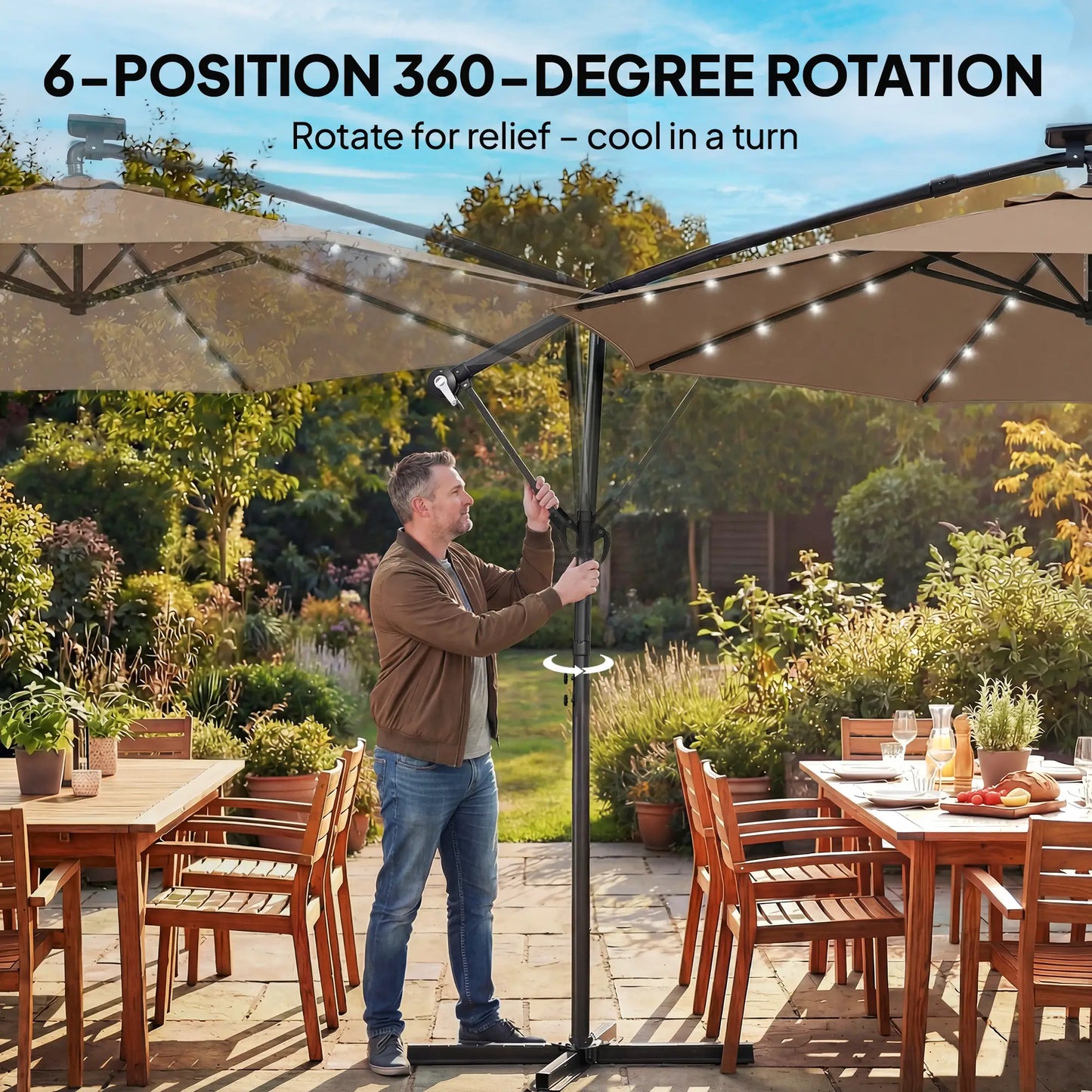 9.7 ft Cantilever Patio Umbrella, Solar Light, Tilt, Crank, Khaki Offset Cantilever Umbrellas at Gallery Canada