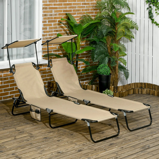 2 Piece Folding Chaise Lounges, Reclining Back, Sunshade, Pool, Beach, Patio Lounger Chairs Tan Fabric, Black Matte Frame at Gallery Canada