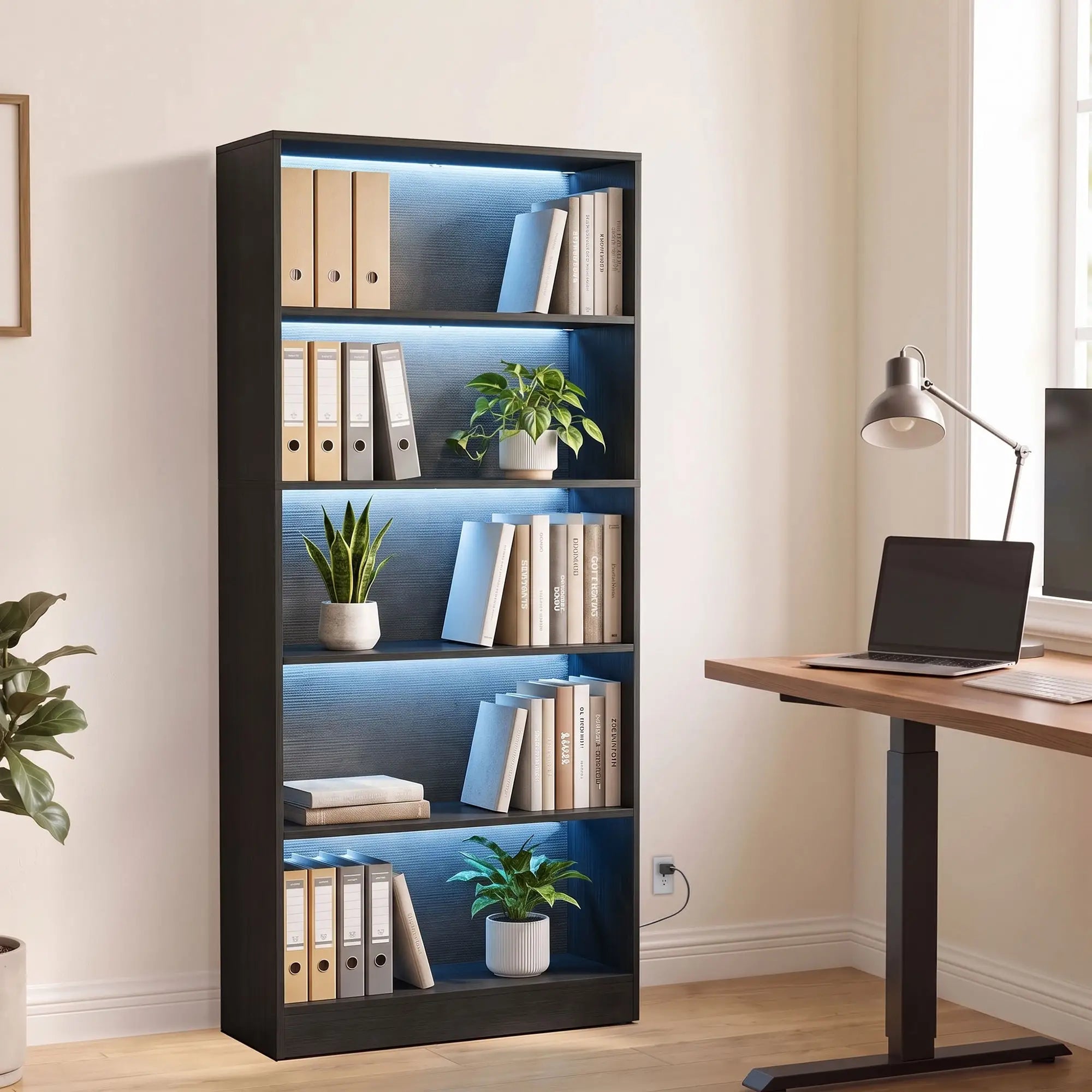 5-Tier Bookshelf With LED Lights, Cable Holes, Black Wood Grain Display Bookshelves at Gallery Canada