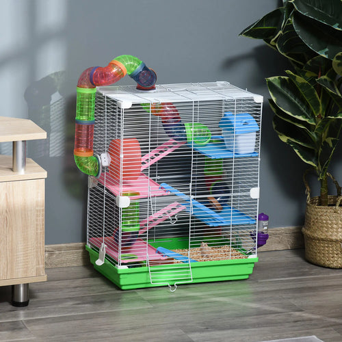5-Tier Hamster Cage, Exercise Wheels, Play Tube, Green