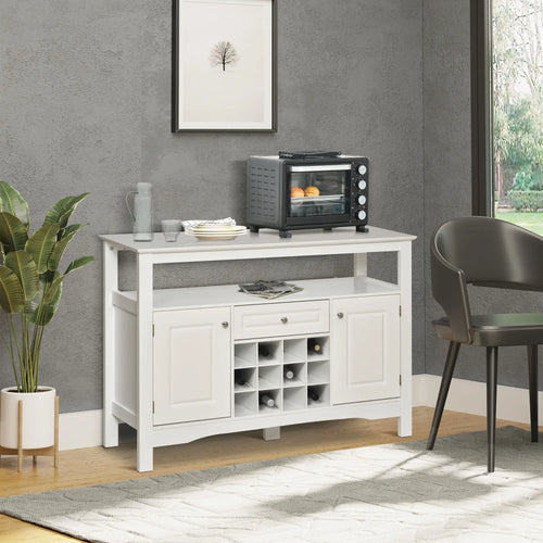 Modern Kitchen Buffet Cabinet, Drawer, 12-Bottle Wine Rack, White
