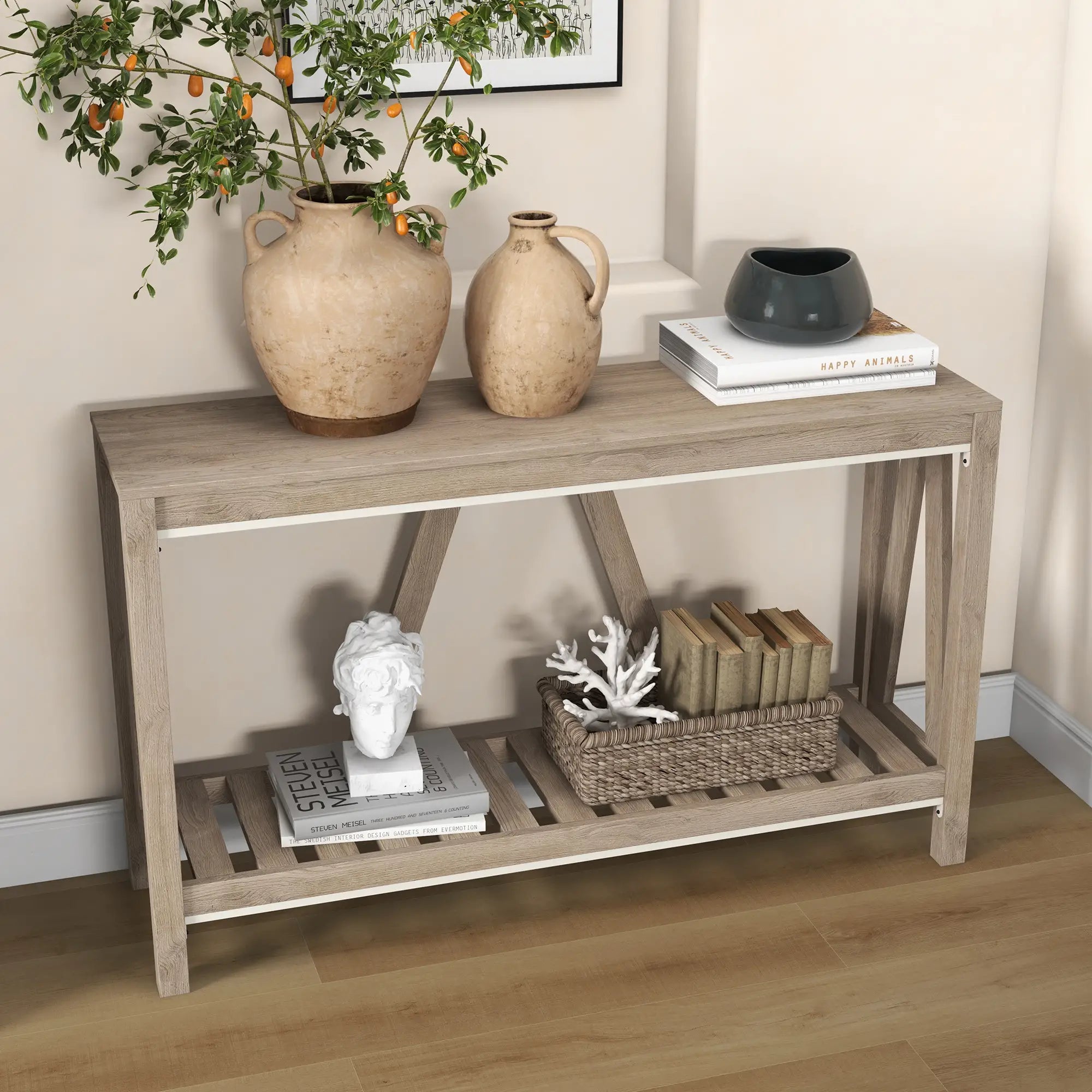 Farmhouse Entryway Table, Rustic Console with Shelf, Distressed, Grey Console Tables at Gallery Canada