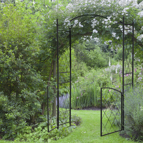 7FT Metal Garden Arch with Gate, Climbing Planter Frame, Black