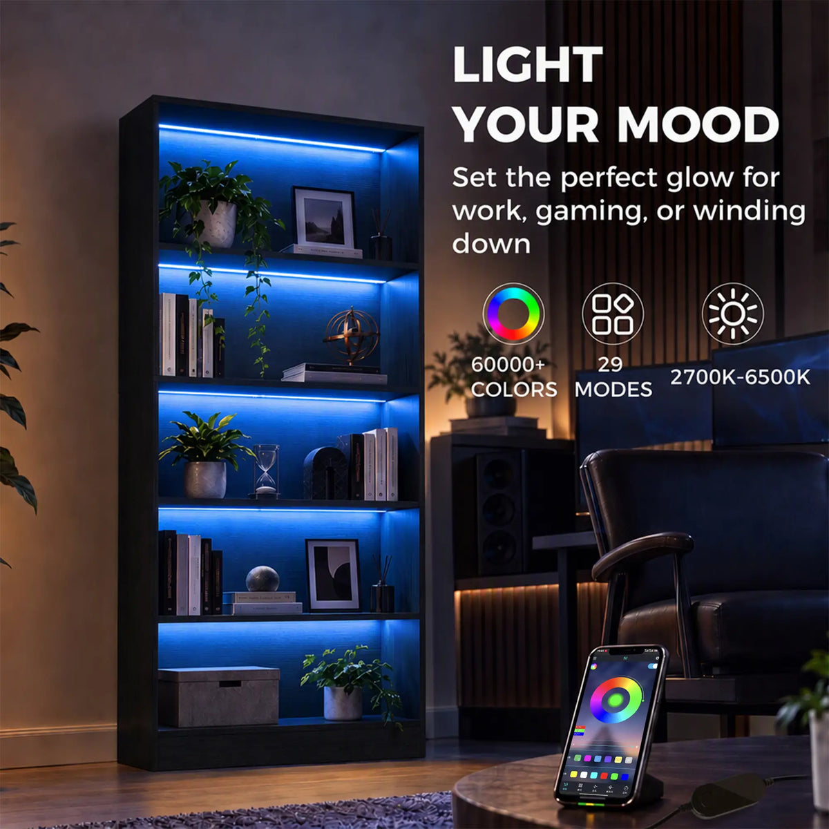 5-Tier Bookshelf With LED Lights, Cable Holes, Black Wood Grain Display Bookshelves at Gallery Canada