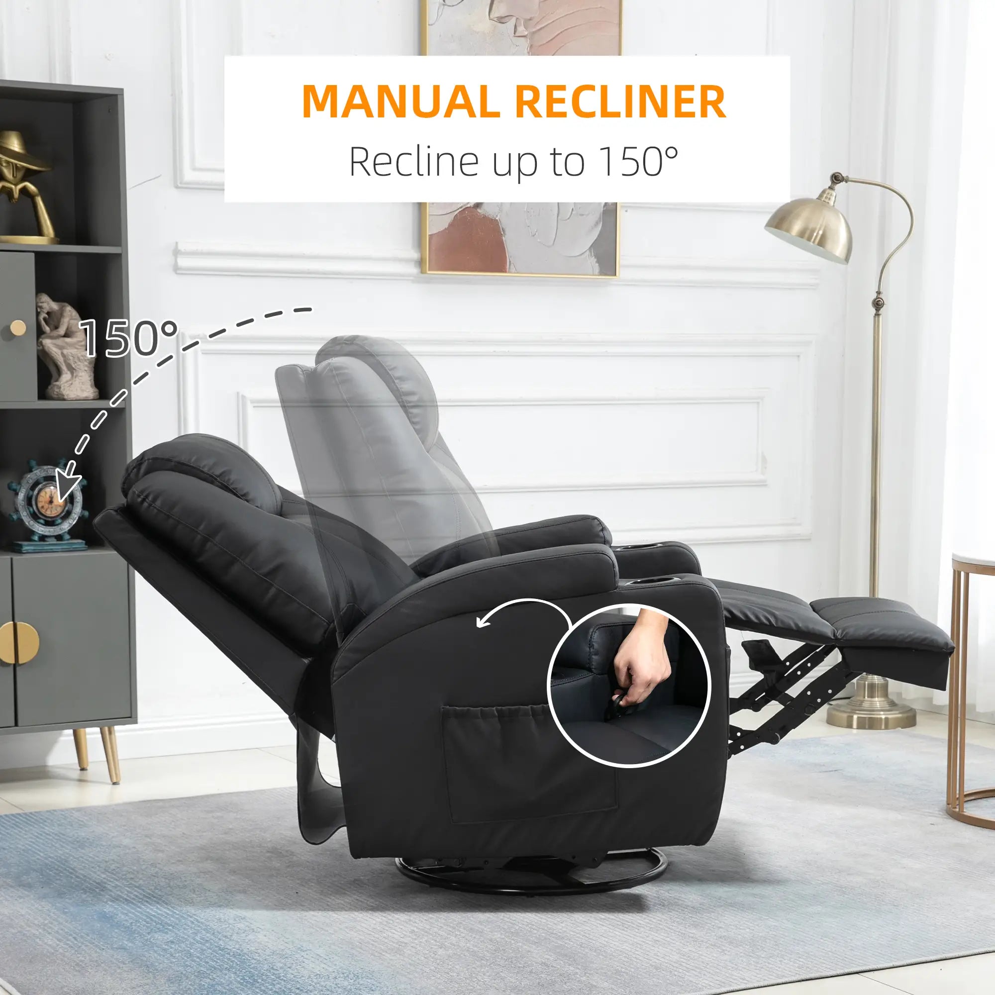 Massage Recliner Chair, 8 Vibration Points, PU Leather, 360° Swivel, Black Single Sofas at Gallery Canada