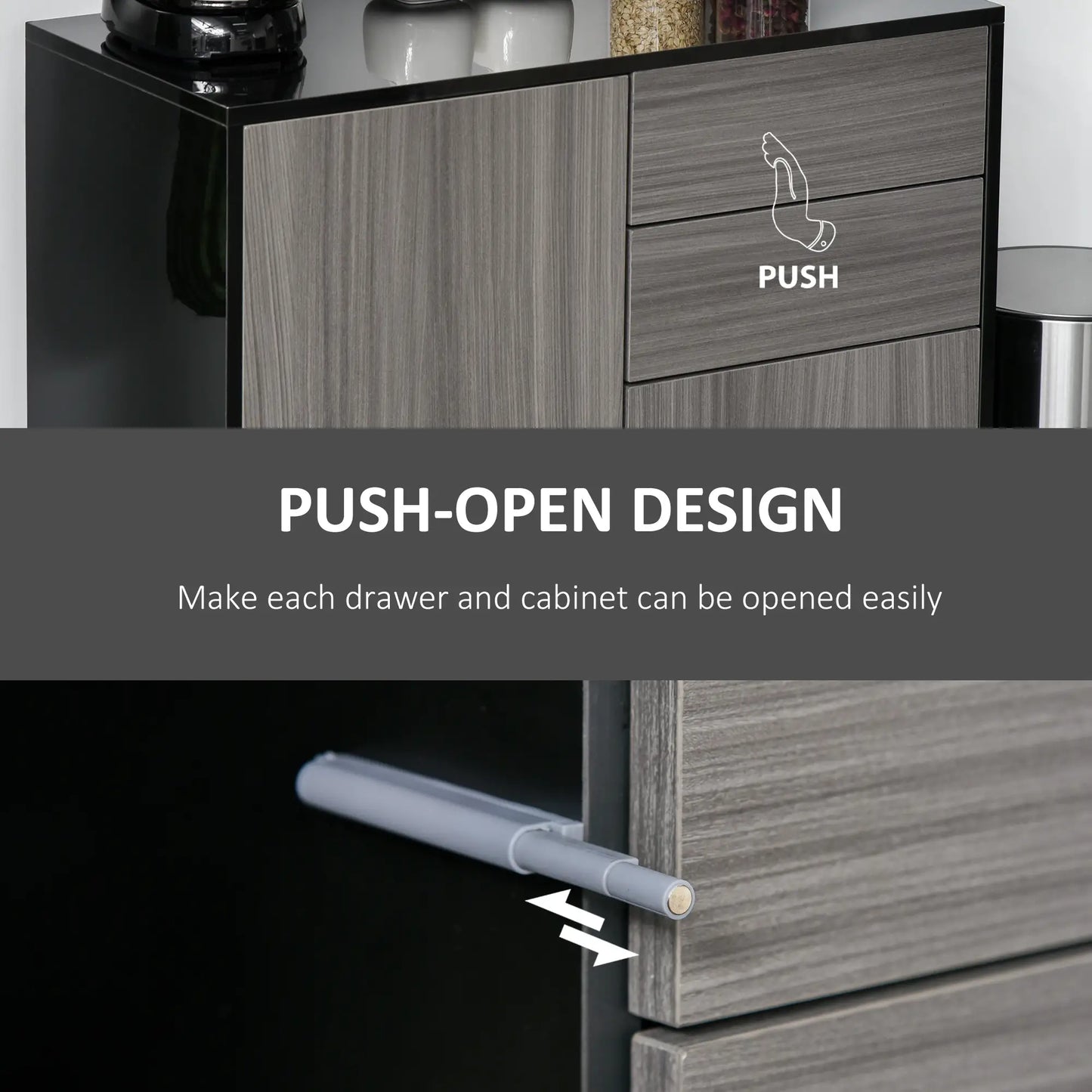 High Gloss Buffet Sideboard, 2 Drawers, 2 Doors, Adjustable Shelf, Kitchen Cabinet, Grey Black Bar Cabinets at Gallery Canada