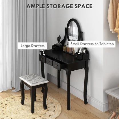 Wooden Vanity Table, 360° Rotating Oval Mirror, 5 Drawers, Padded Stool, Black Dressing & Vanity Tables at Gallery Canada