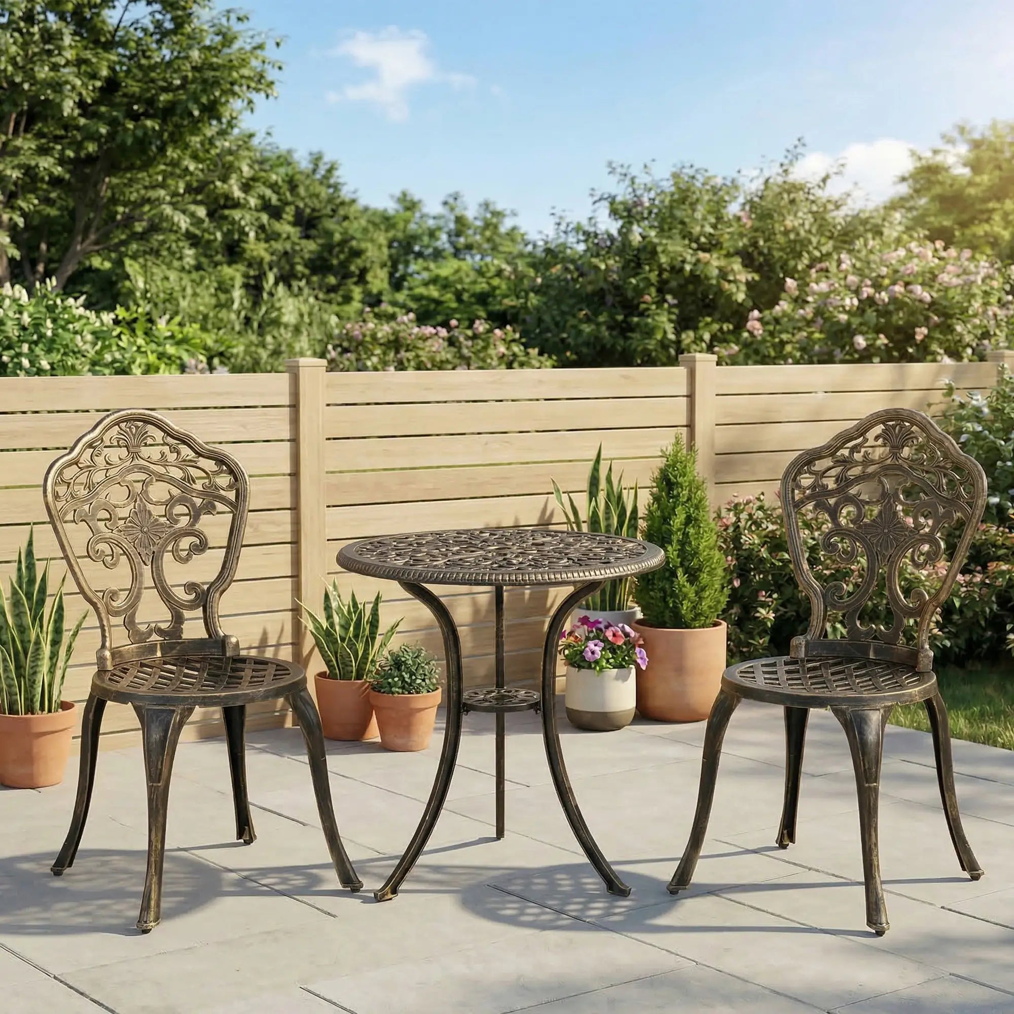 3 Piece Garden Bistro Set, 2 Chairs, Round Table with Parasol Hole, Bronze Bistro Sets at Gallery Canada