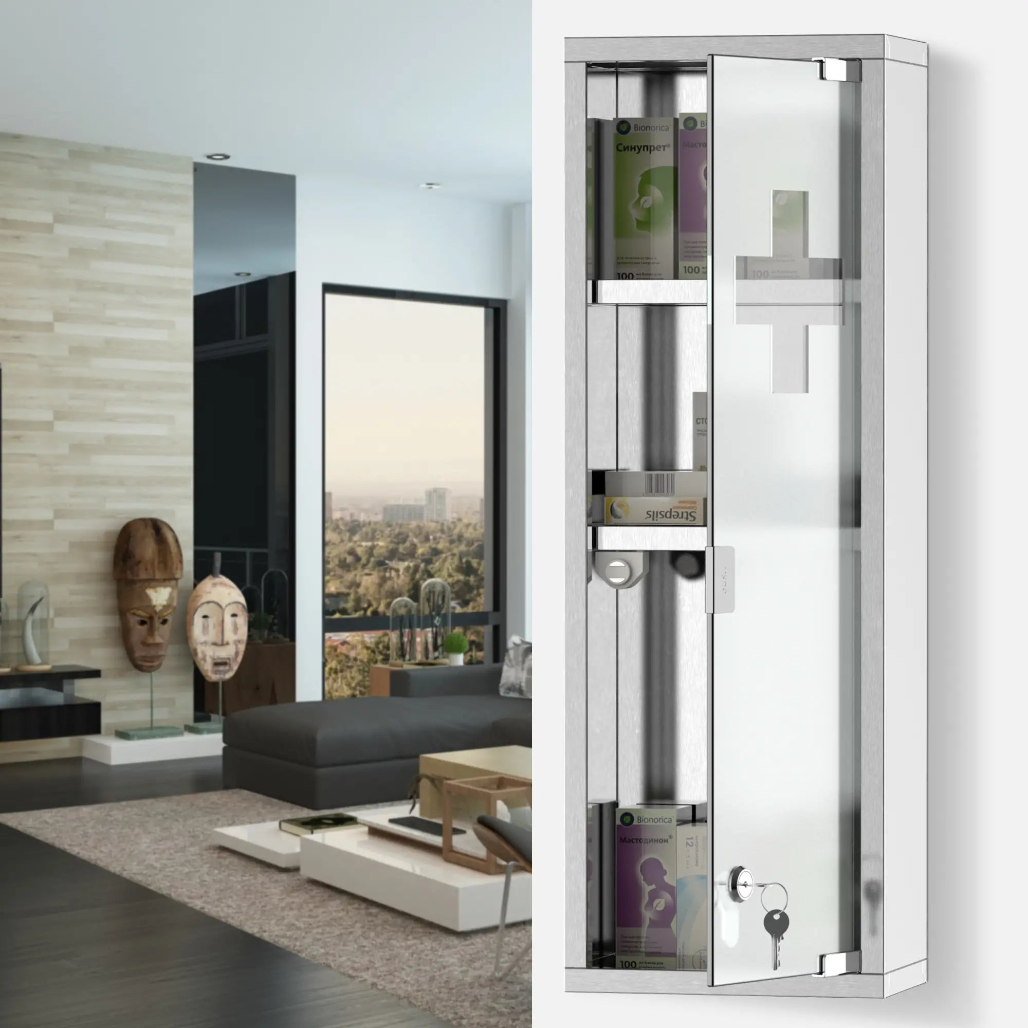 Wall Mount Medicine Cabinet, 3 Tier Shelves, Stainless Steel Frame, Glass Door, Lockable, 8