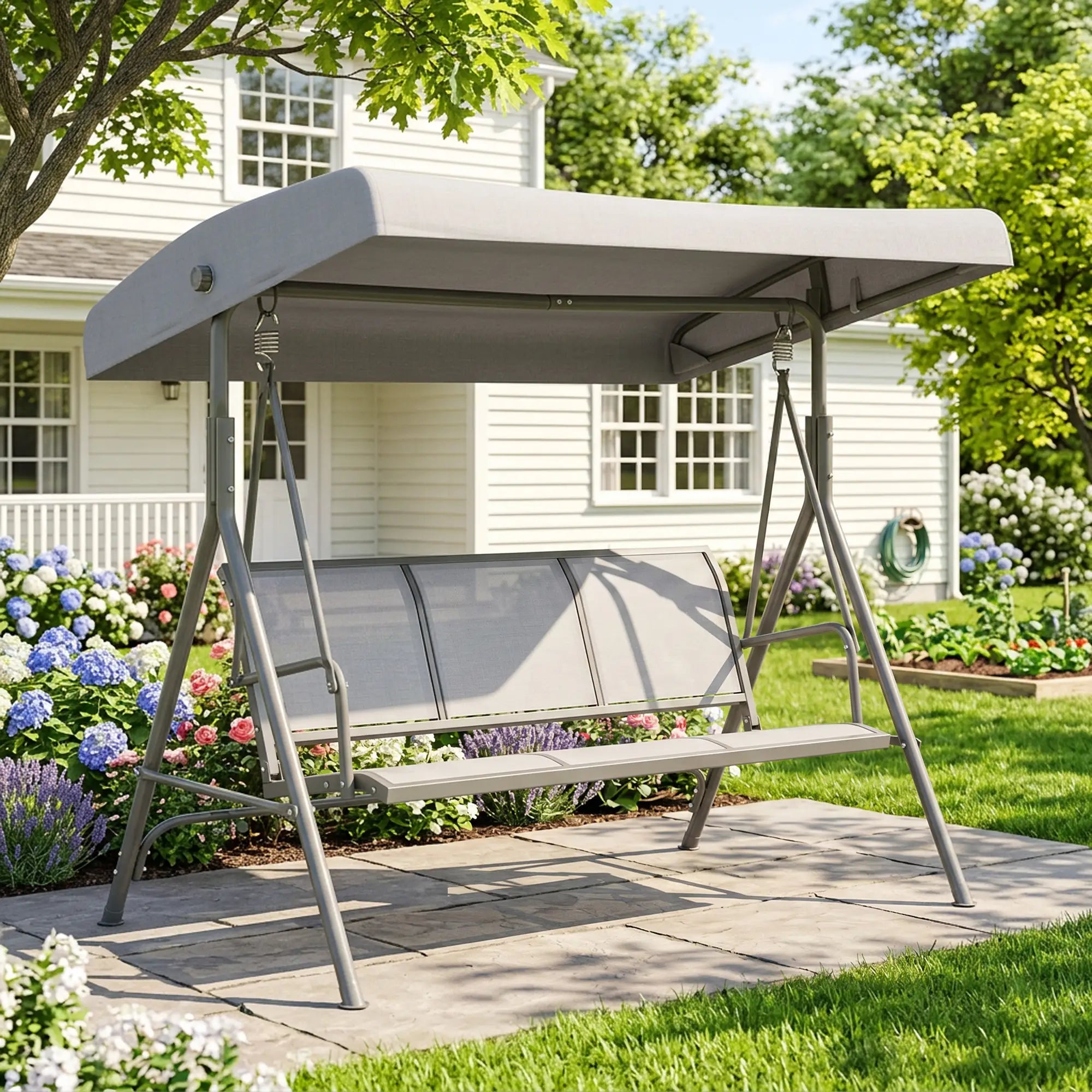 3-Seater Swing Chair, A-Frame Garden Hammock, Adjustable Canopy, Grey Patio Swings with Stand at Gallery Canada