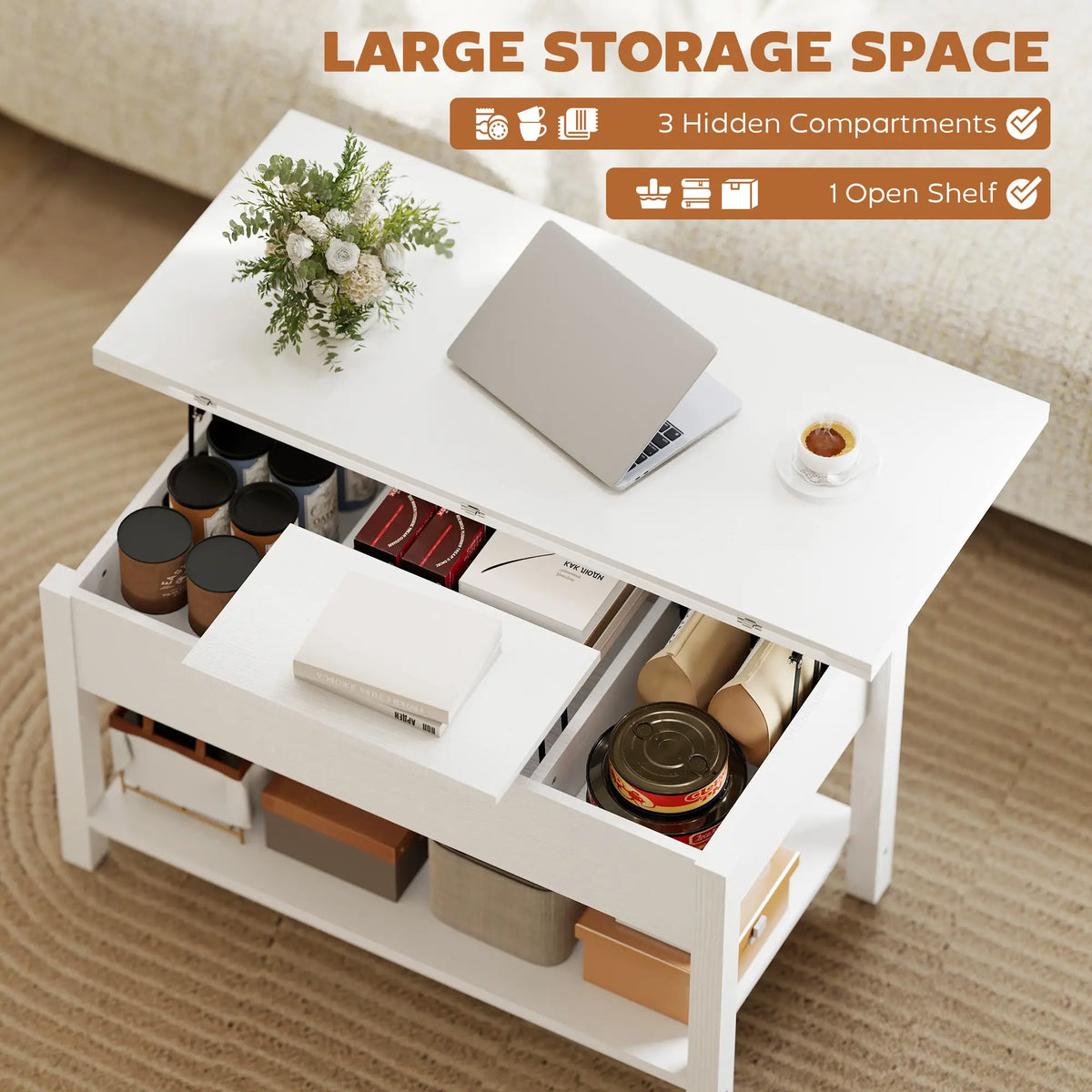 Lift Top Coffee Table, with Storage, White Coffee Tables at Gallery Canada