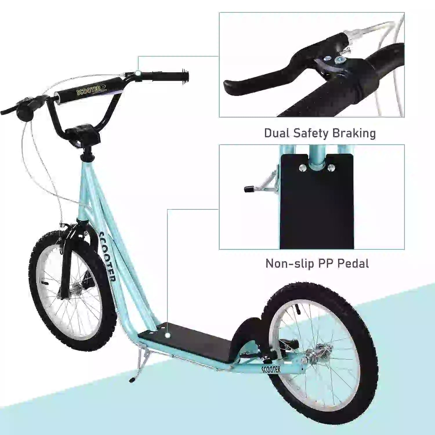 Kids Kick Scooter, 5+ Years, 16'' Inflatable Wheel, Dual Brakes, Blue Scooters at Gallery Canada
