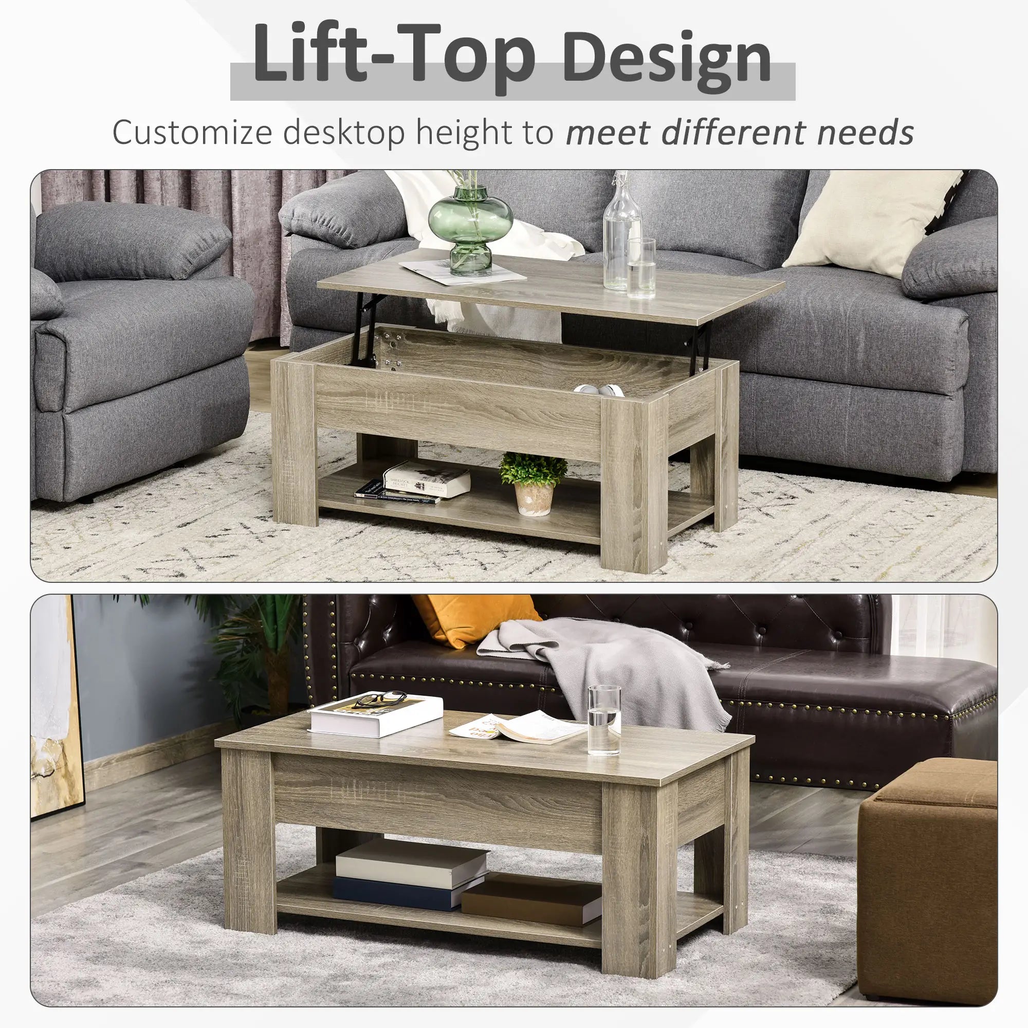 Lift Top Coffee Table, Hidden Storage, Open Shelf, Living Room, Grey Coffee Tables at Gallery Canada