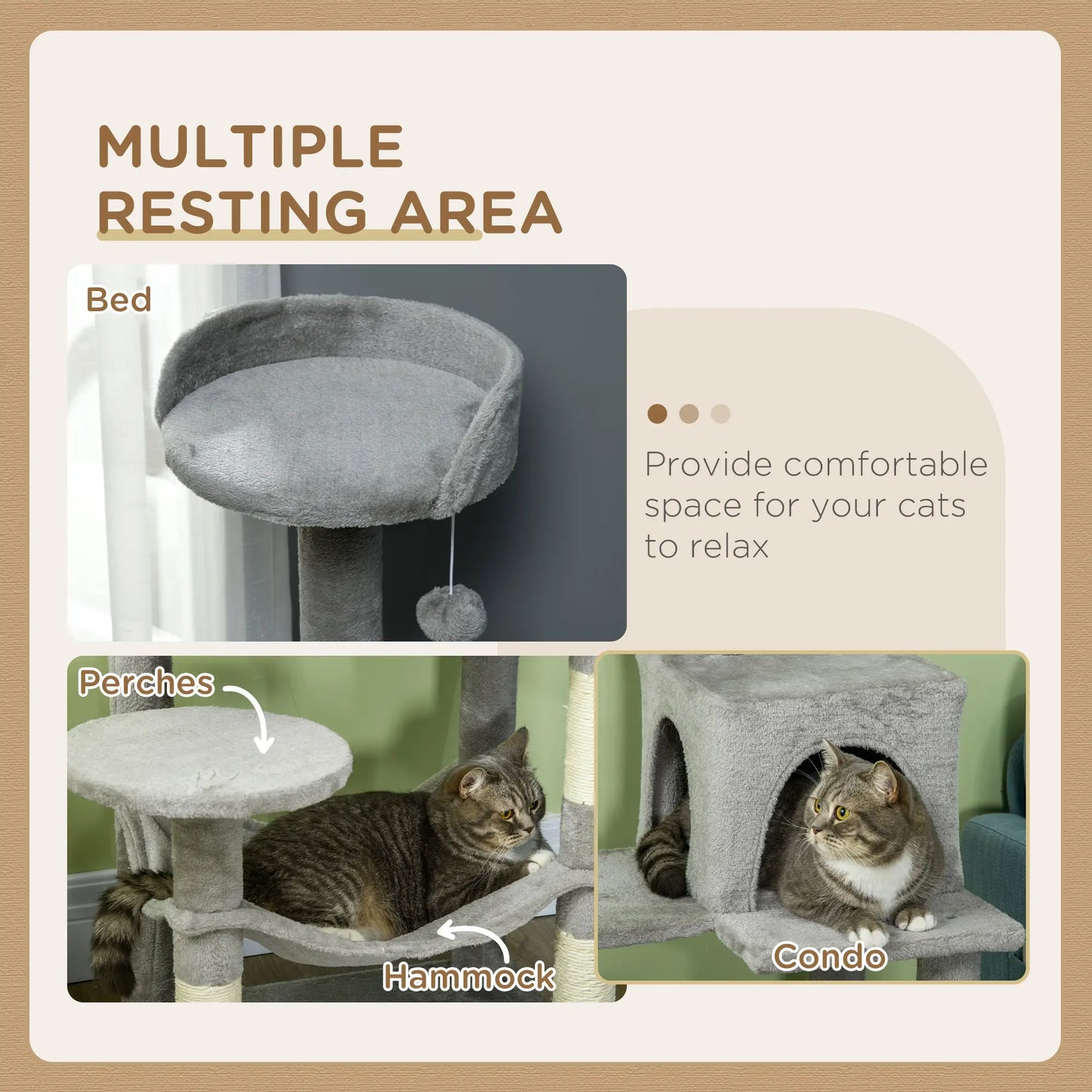 56" Tall Cat Tree, Multi-Level Tower with Hammock, Bed, Condo, Sisal Scratching Posts, Grey Cat Towers at Gallery Canada