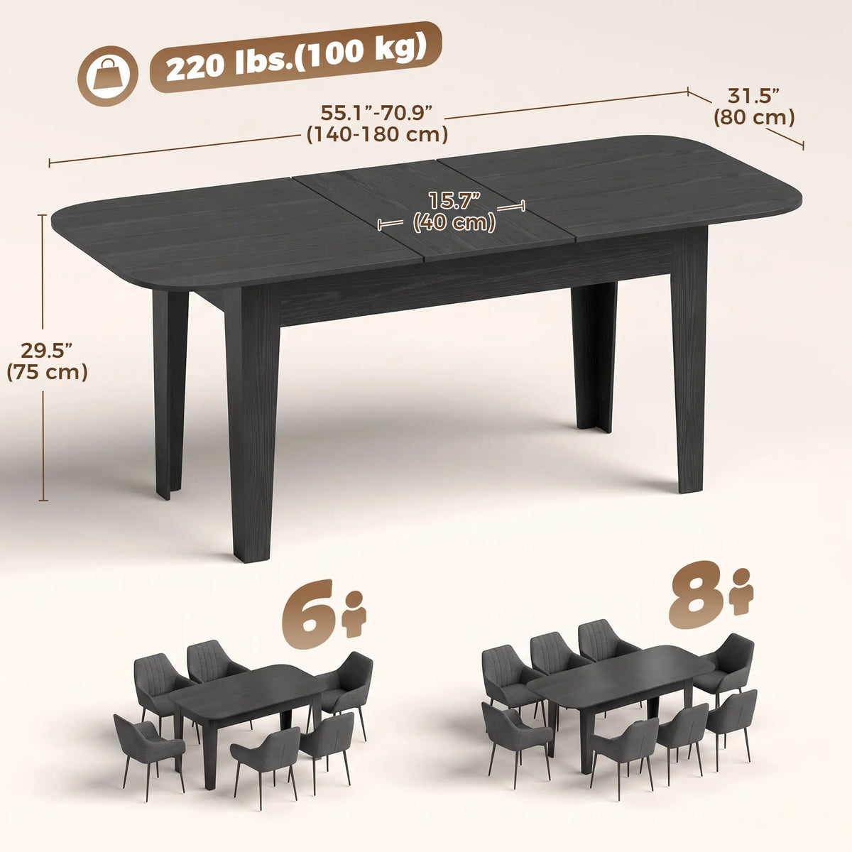 Extendable Oval Dining Table for 4-6, Farmhouse Kitchen Table, Black, Black Dining Tables at Gallery Canada
