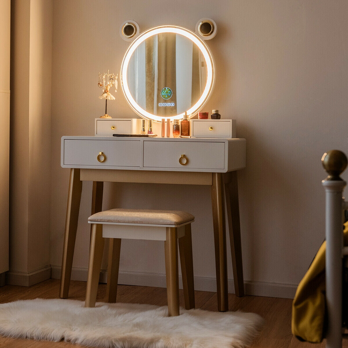 Vanity Set With 3-Color Lighted Mirror, 4 Drawers, White Makeup Vanities at Gallery Canada