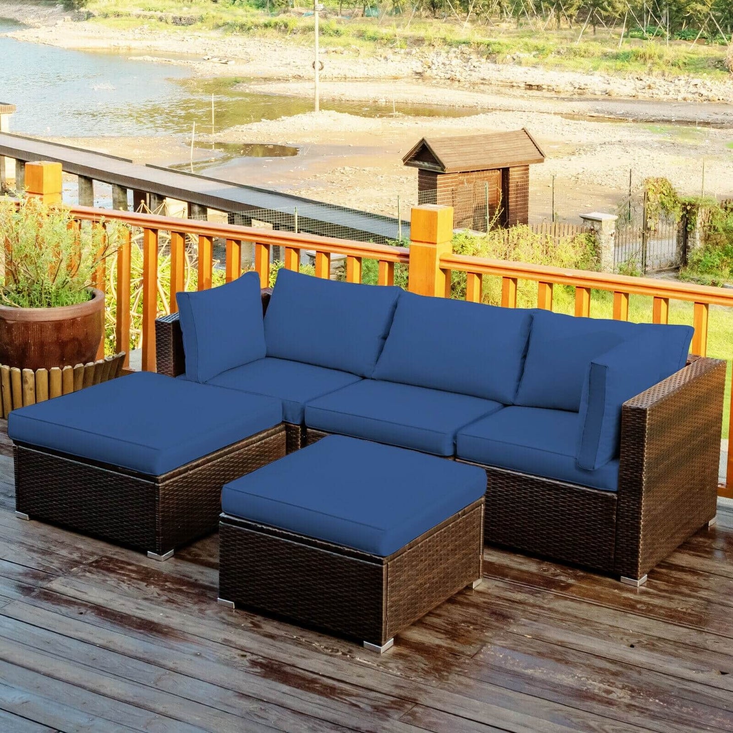 5-Piece Patio Rattan Sofa Set With Cushion And Ottoman, Navy Outdoor Sectionals at Gallery Canada