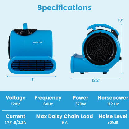 1/3 HP Air Mover 3-Speed 1000 CFM Blower Fan, Blue