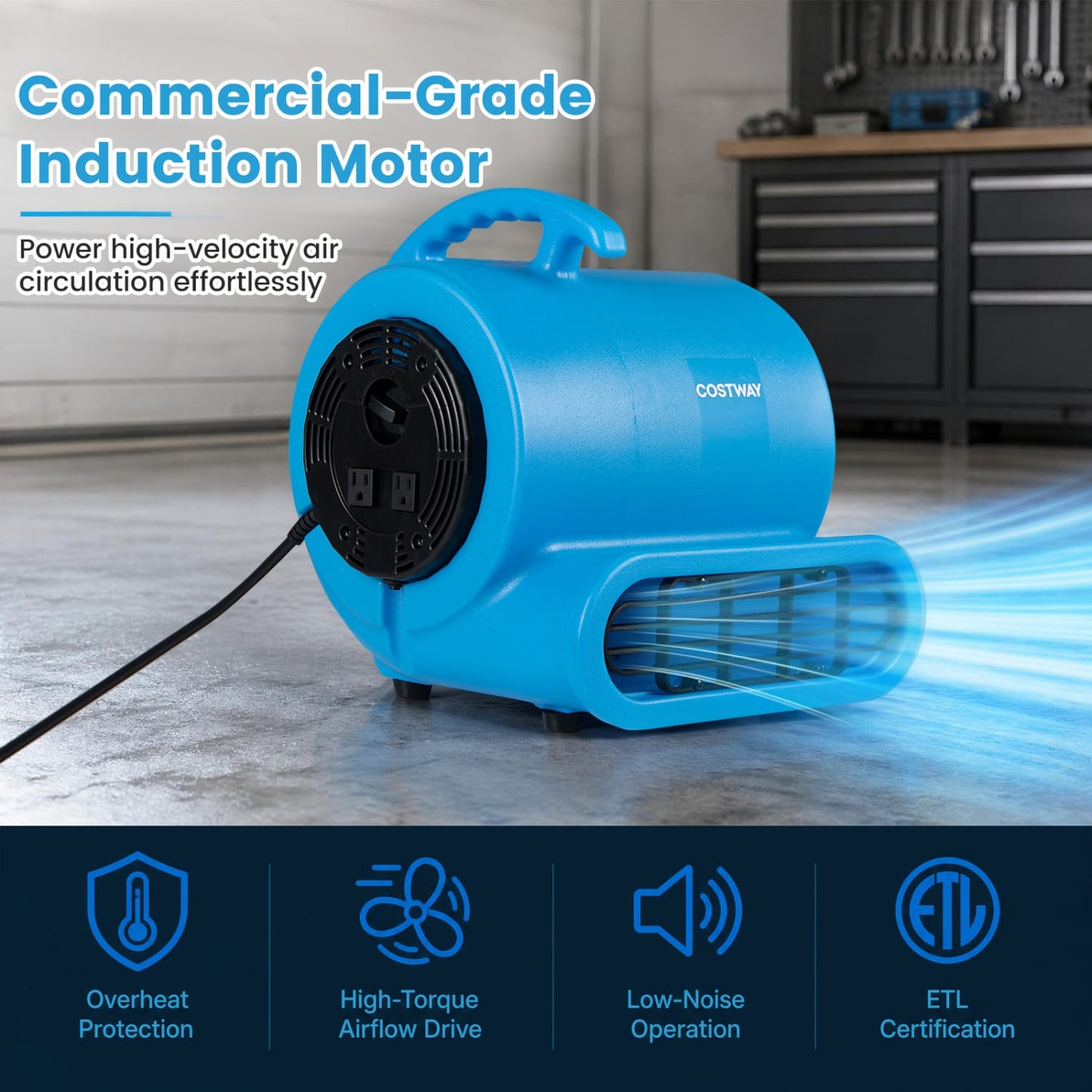 1/3 HP Air Mover 3-Speed 1000 CFM Blower Fan, Blue