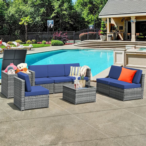 8 Piece Wicker Rattan Sofa Dining Set, With Storage Table, Navy