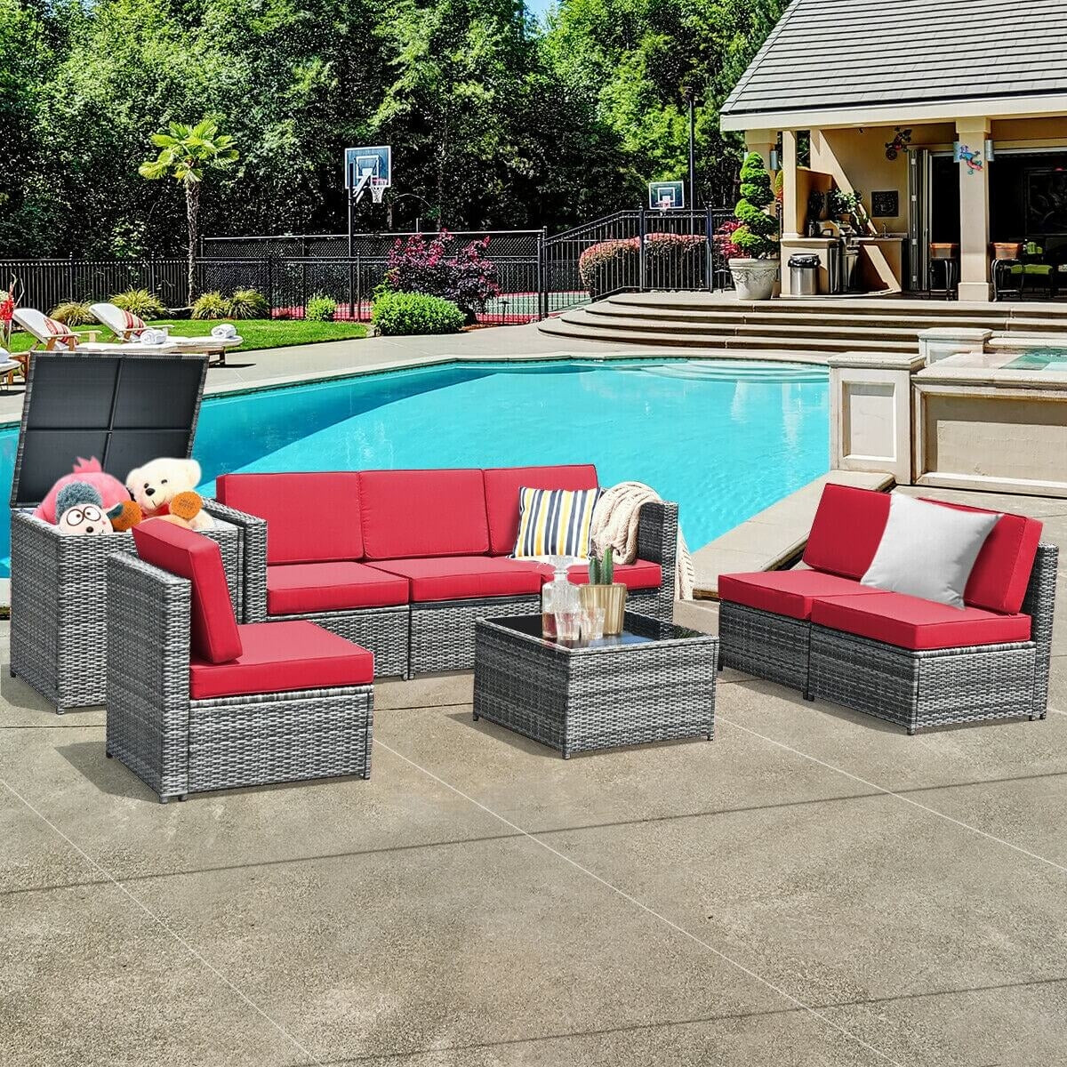 8 Piece Wicker Rattan Sofa Dining Set, Patio Furniture With Storage Table, Red Outdoor Sectionals at Gallery Canada