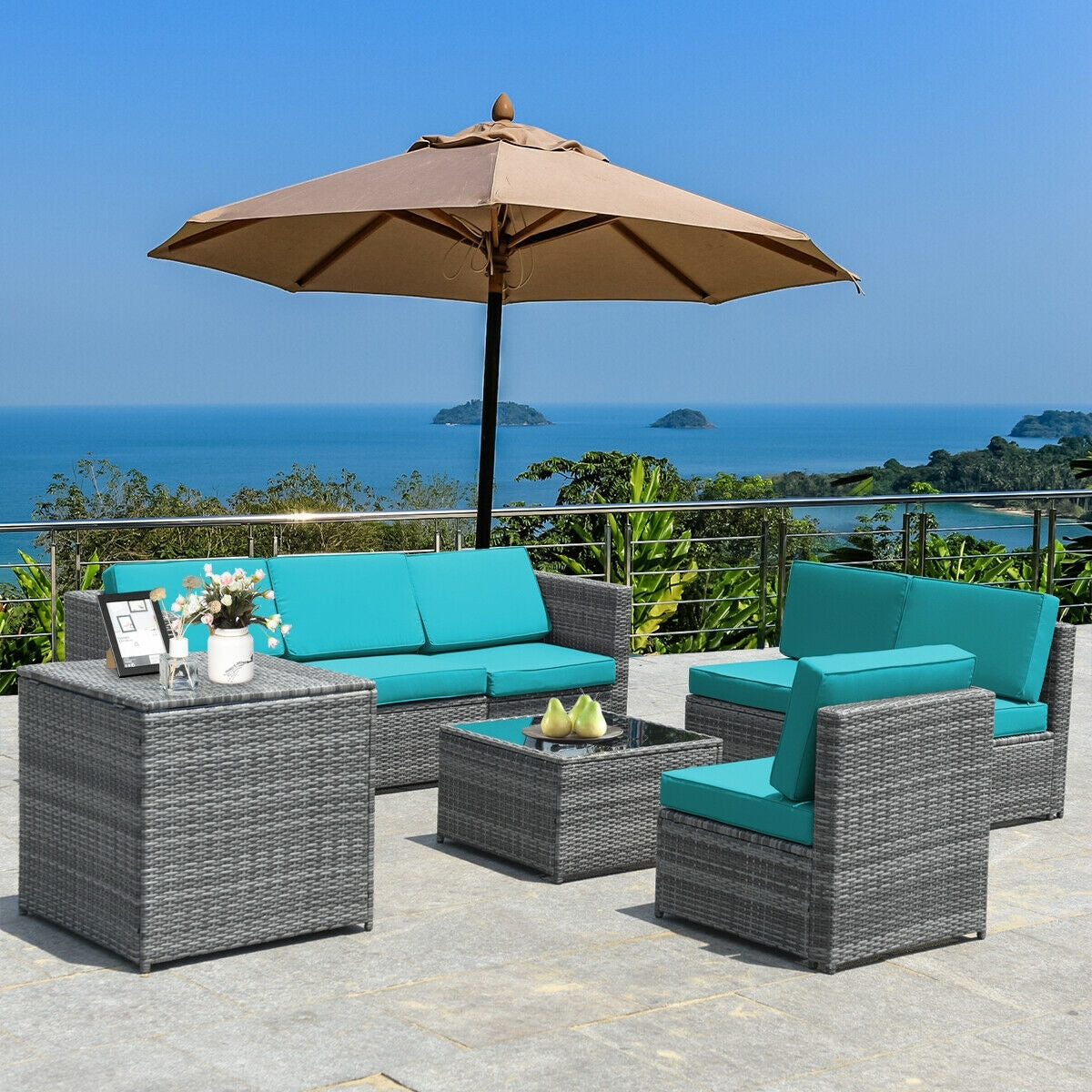8 Piece Wicker Rattan Patio Dining Set, With Storage Table, Turquoise Outdoor Sectionals at Gallery Canada
