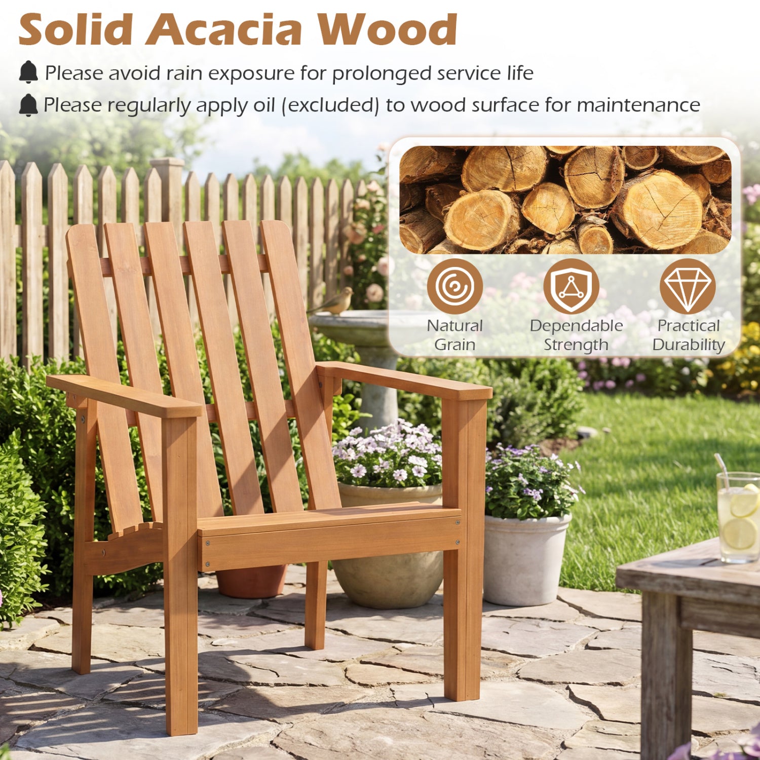 Acacia Wood Outdoor Patio Chair, Slatted Backrest, Armrest Patio Dining Chairs at Gallery Canada