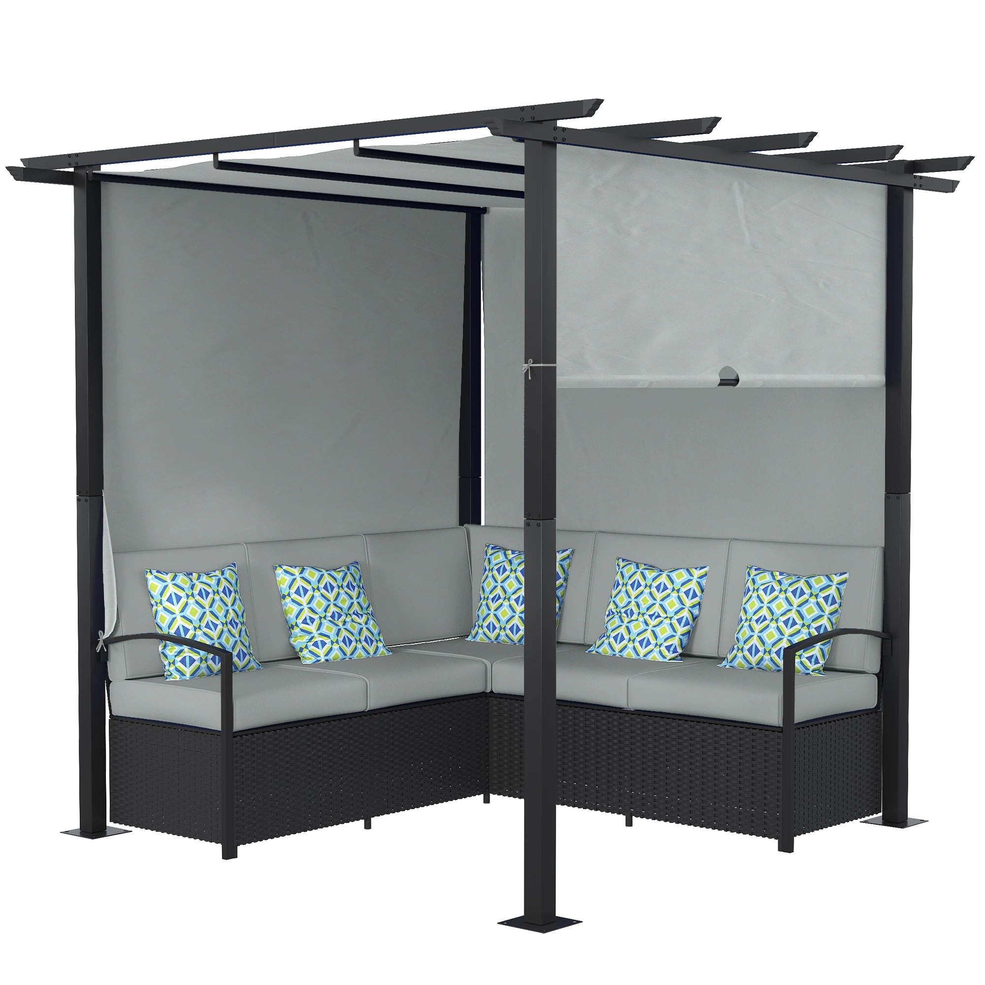 Outdoor PE Rattan Sofa Set, Retractable Canopy Pergola, Grey Patio Furniture Sets Black Frame, Grey Fabric, White and Green Pillow at Gallery Canada