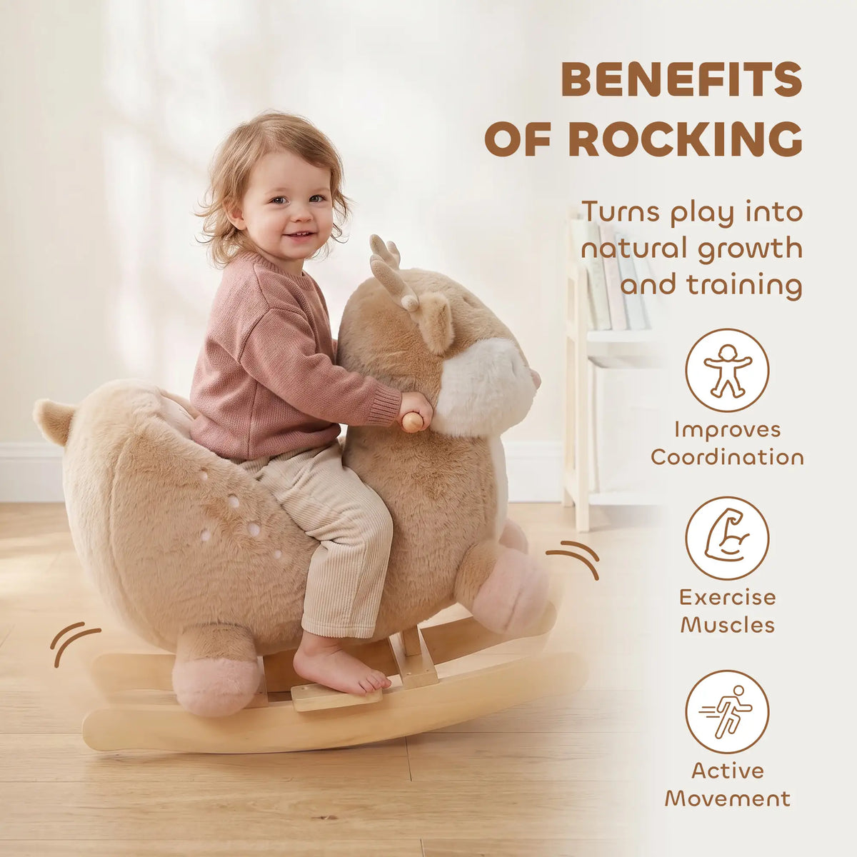 Toddler Rocking Horse, Deer Sound Seat Belt Rocking Stopper, Brown, Brown Rocking Horses at Gallery Canada
