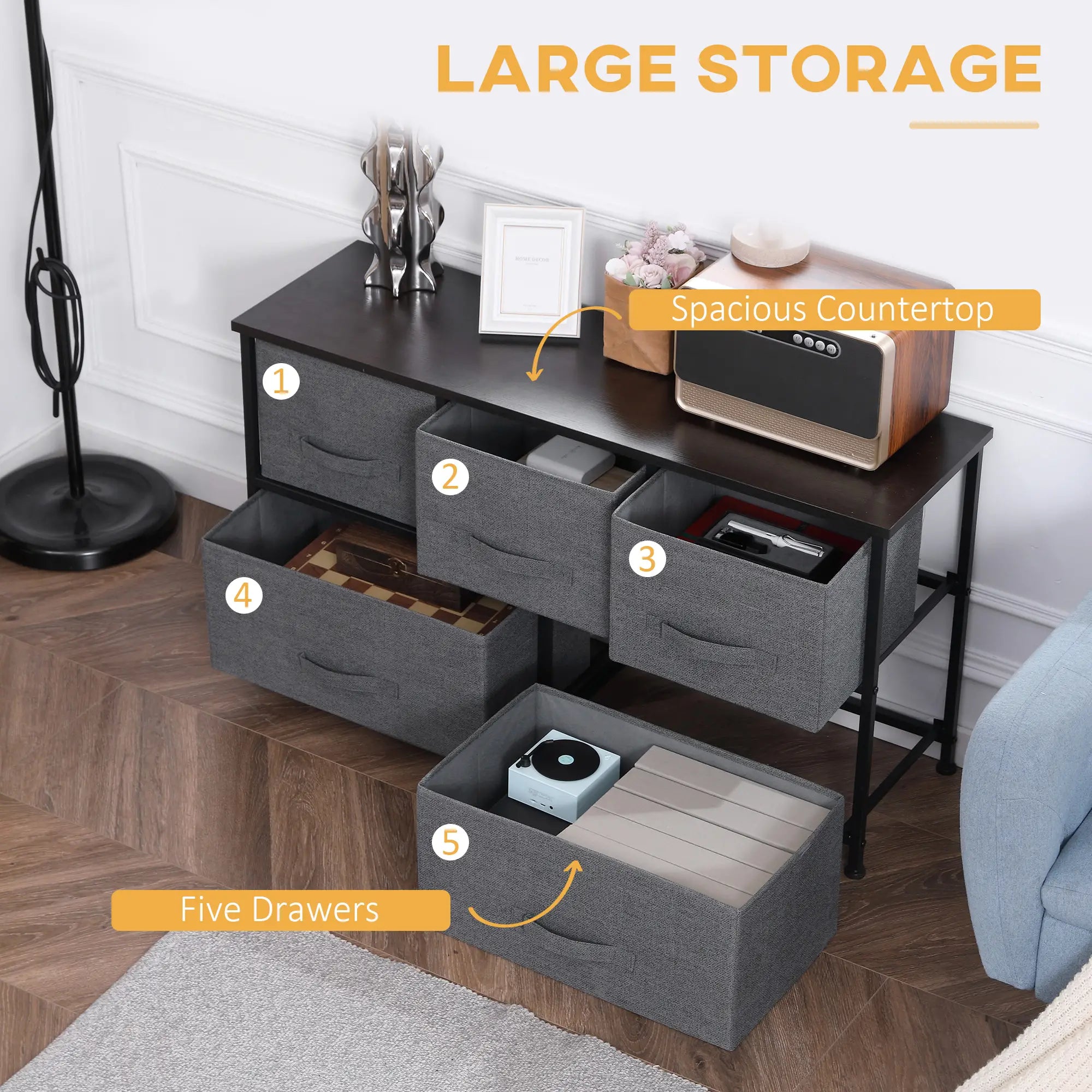 Linen Drawer Cabinet, 5 Removable Drawers, Metal Frame, Adjustable Feet, Dark Grey Storage Cabinets at Gallery Canada