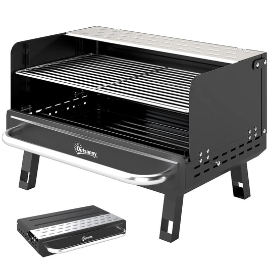 Charcoal BBQ Grill, Portable with Adjustable Grates, Foldable Legs, Black