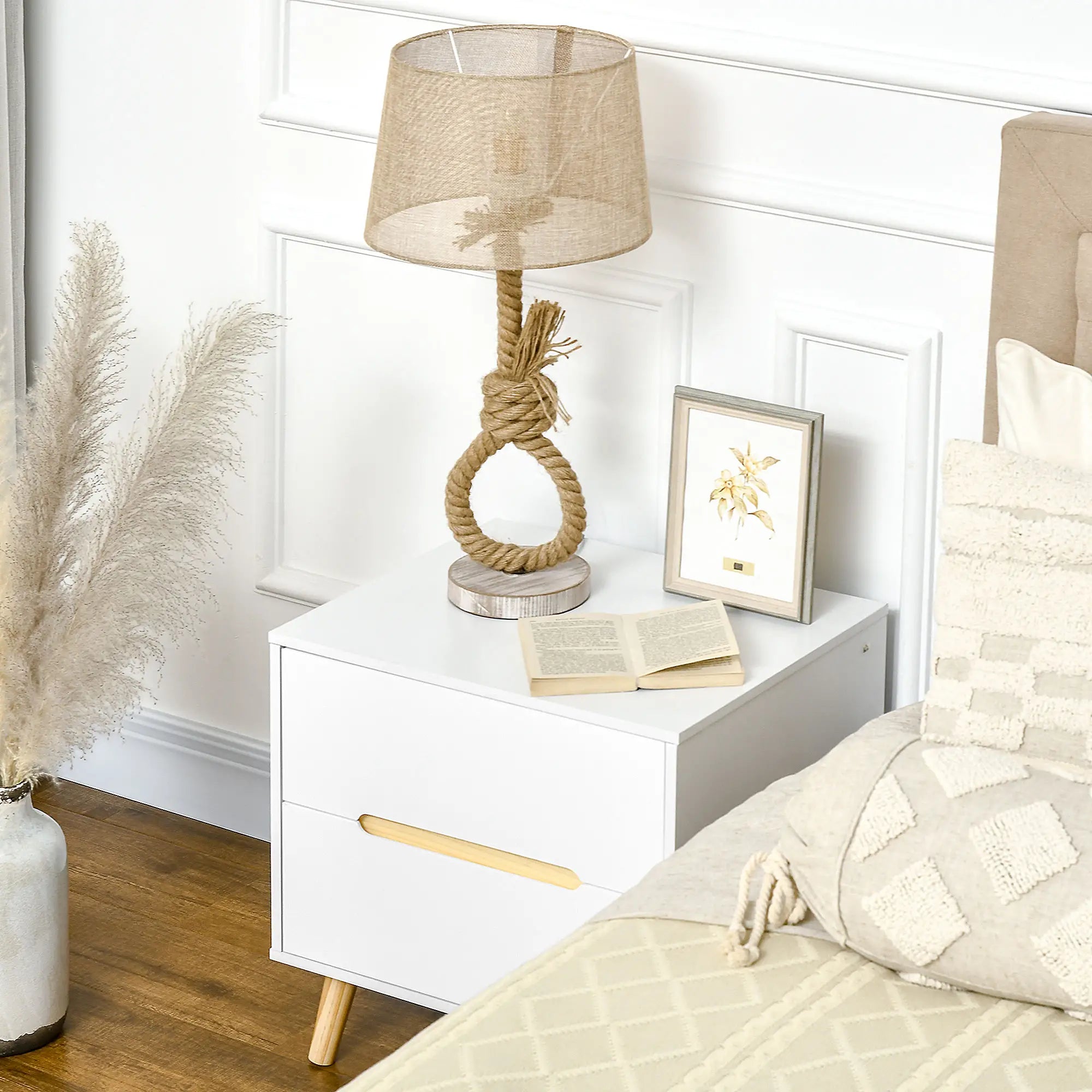 Nightstand, 2 Drawers, Pine Wood Legs, Bedside Table, White Bedside Tables at Gallery Canada