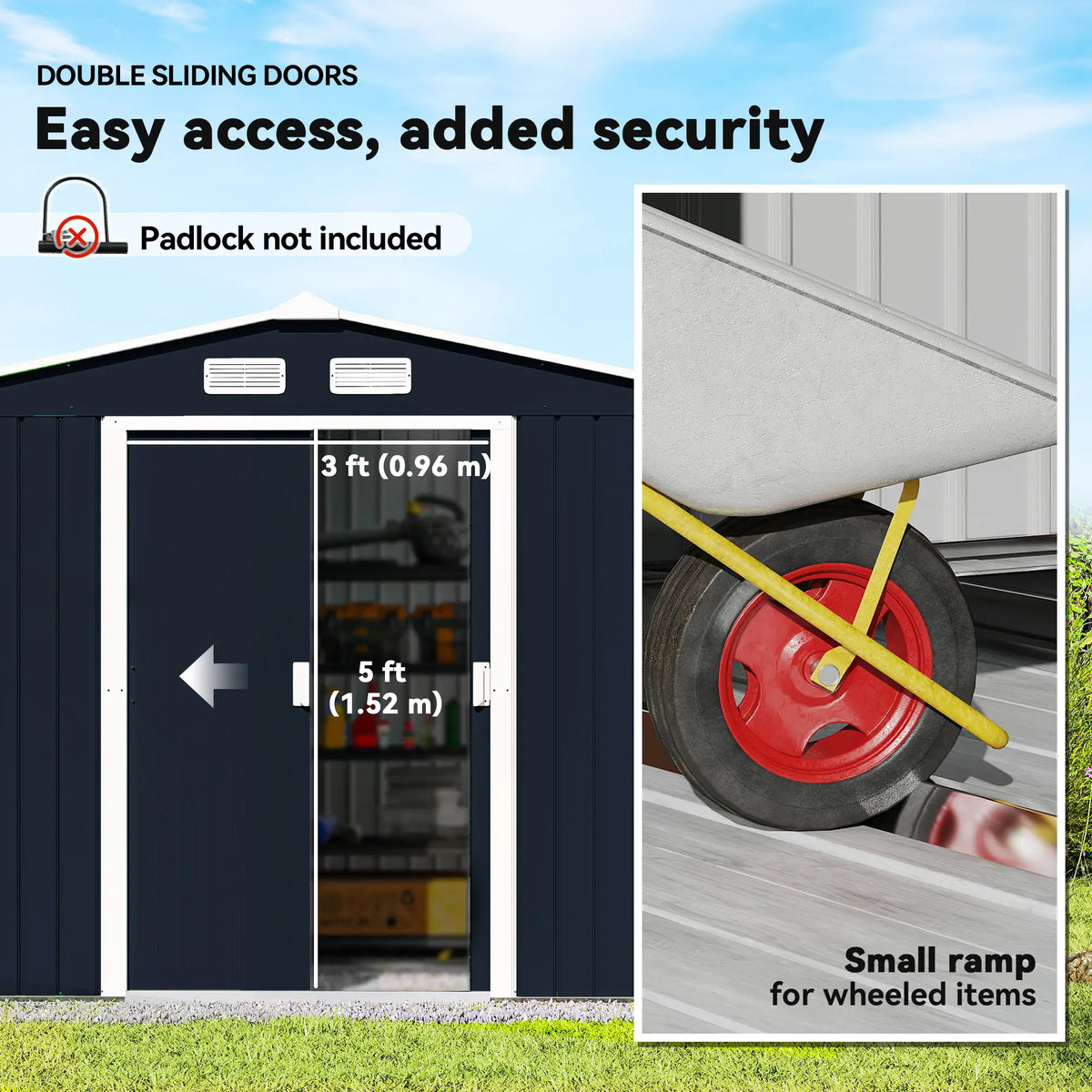 9.1'x6.4'x6.3' Garden Storage Shed, Foundation Kit, Metal Tool House, Double Doors, Dark Grey Sheds at Gallery Canada