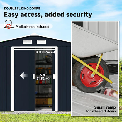 9.1'x6.4'x6.3' Garden Storage Shed, Foundation Kit, Metal Tool House, Double Doors, Dark Grey Sheds at Gallery Canada