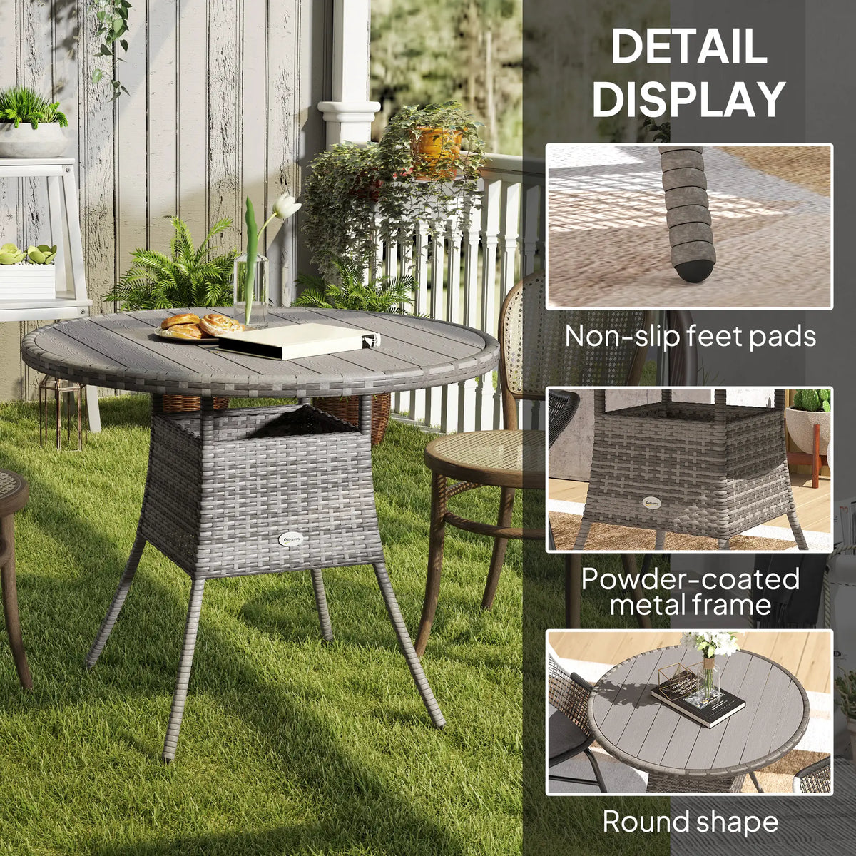 35.4" Outdoor Wicker Dining Table, PE Rattan Patio Furniture, Grey
