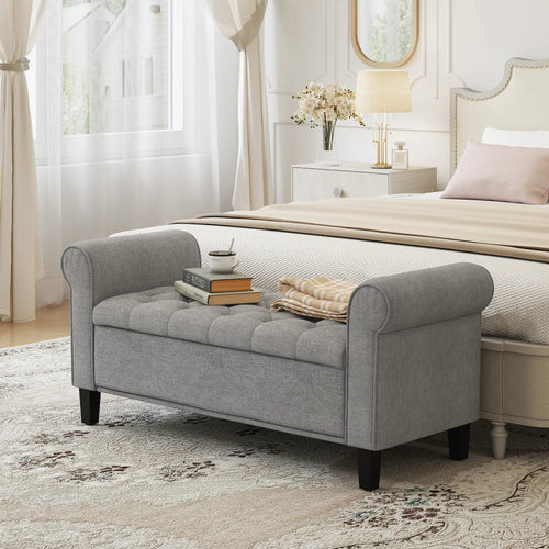 50 Inches Storage Ottoman, Light Grey, Upholstered Bench With Rolled Arms, Light Grey