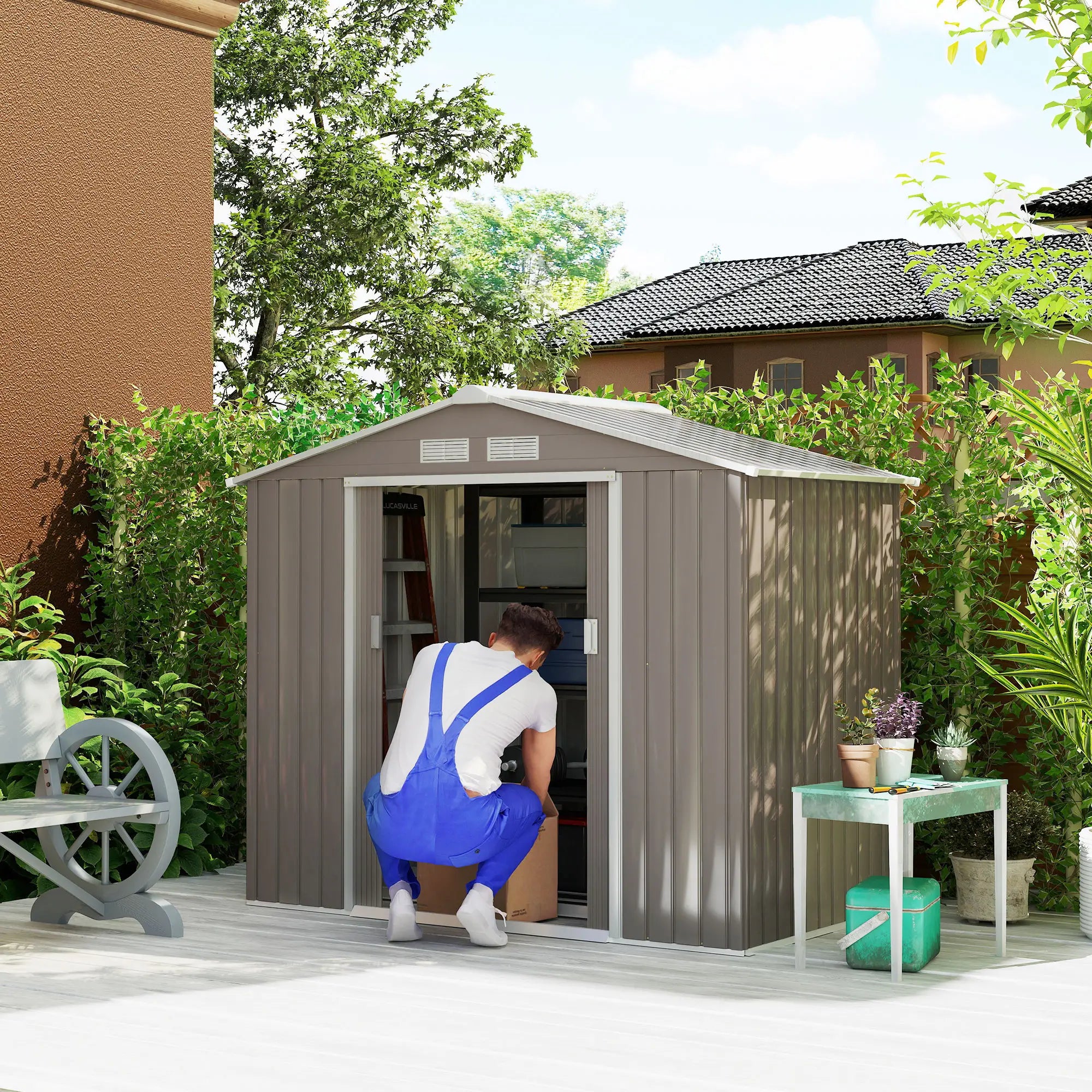 7' x 4' x 6' Metal Storage Shed, Outdoor Patio, Light Brown Sheds at Gallery Canada