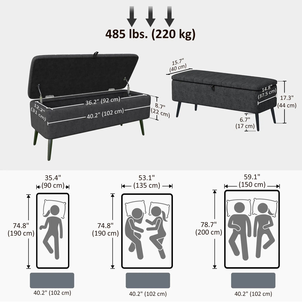 40" Ottoman with Storage, Linen Upholstered Bench, Dark Grey Storage Ottomans & Benches at Gallery Canada