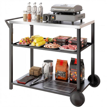 Outdoor Grill Cart, Stainless Steel Tabletop, 3-Tier BBQ Stand, Black Outdoor Grill Carts Black at Gallery Canada