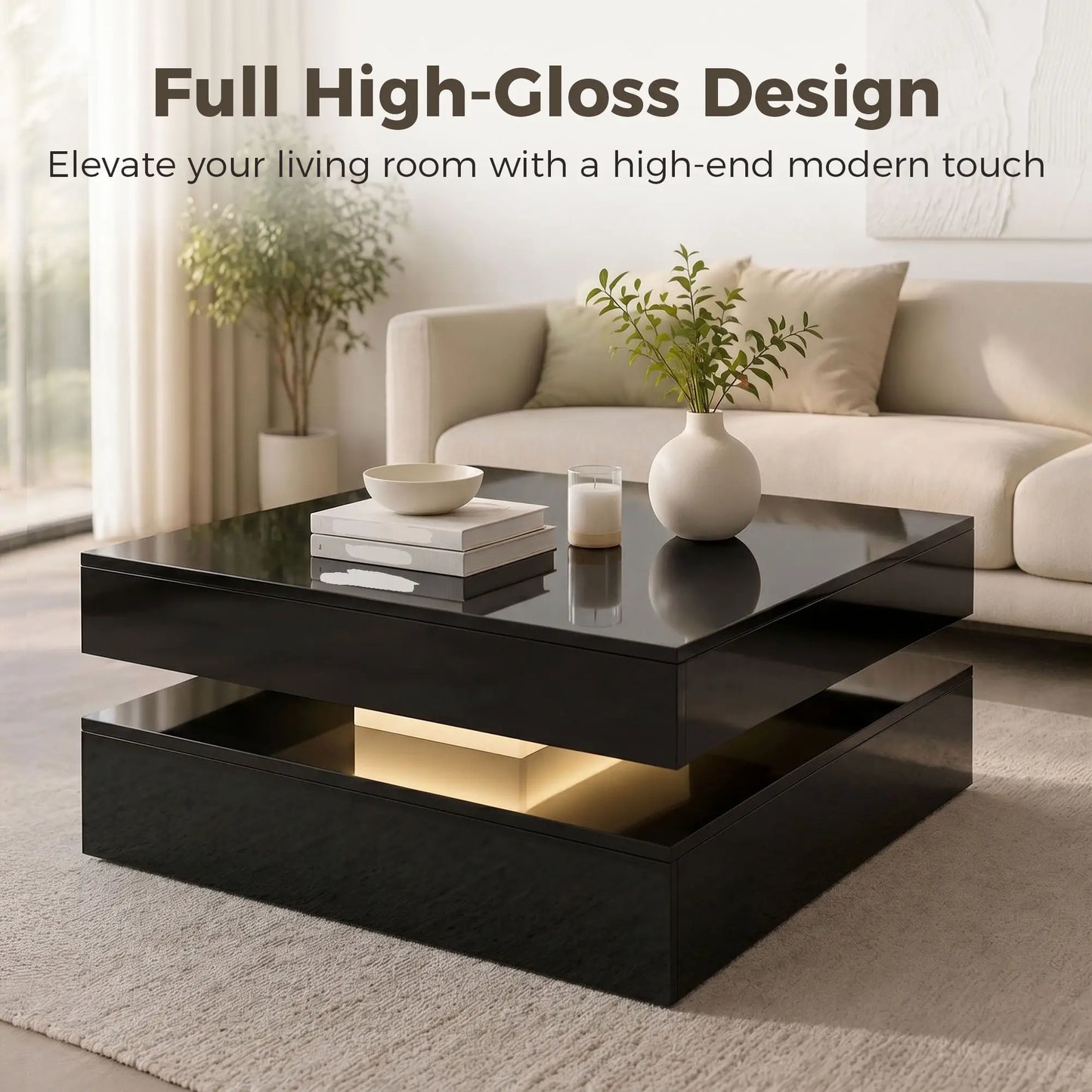LED Coffee Table with Storage, 2-Tier Modern Center Table with Open Shelf and Remote for Living Room, High Gloss Black Coffee Tables at Gallery Canada